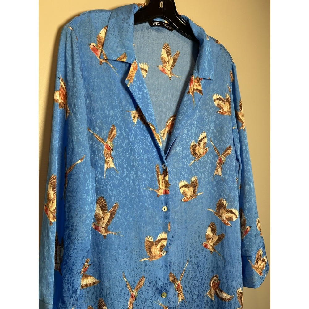 Zara Women's size L flowy bird print long shirt or swim Coverup satin material - Picture 14 of 14